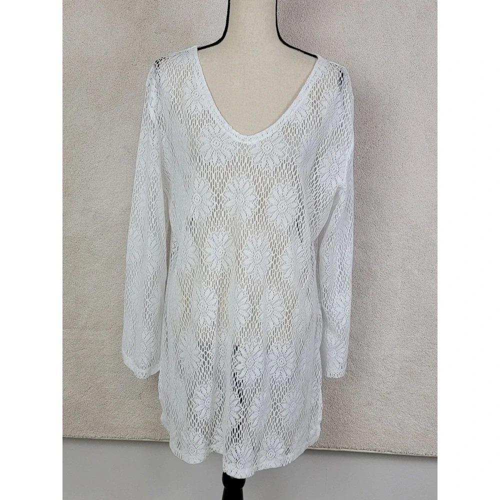 Sonoma Crochet Lace Swim Cover Up Women Large White Excellent Floral V-Neck Long
